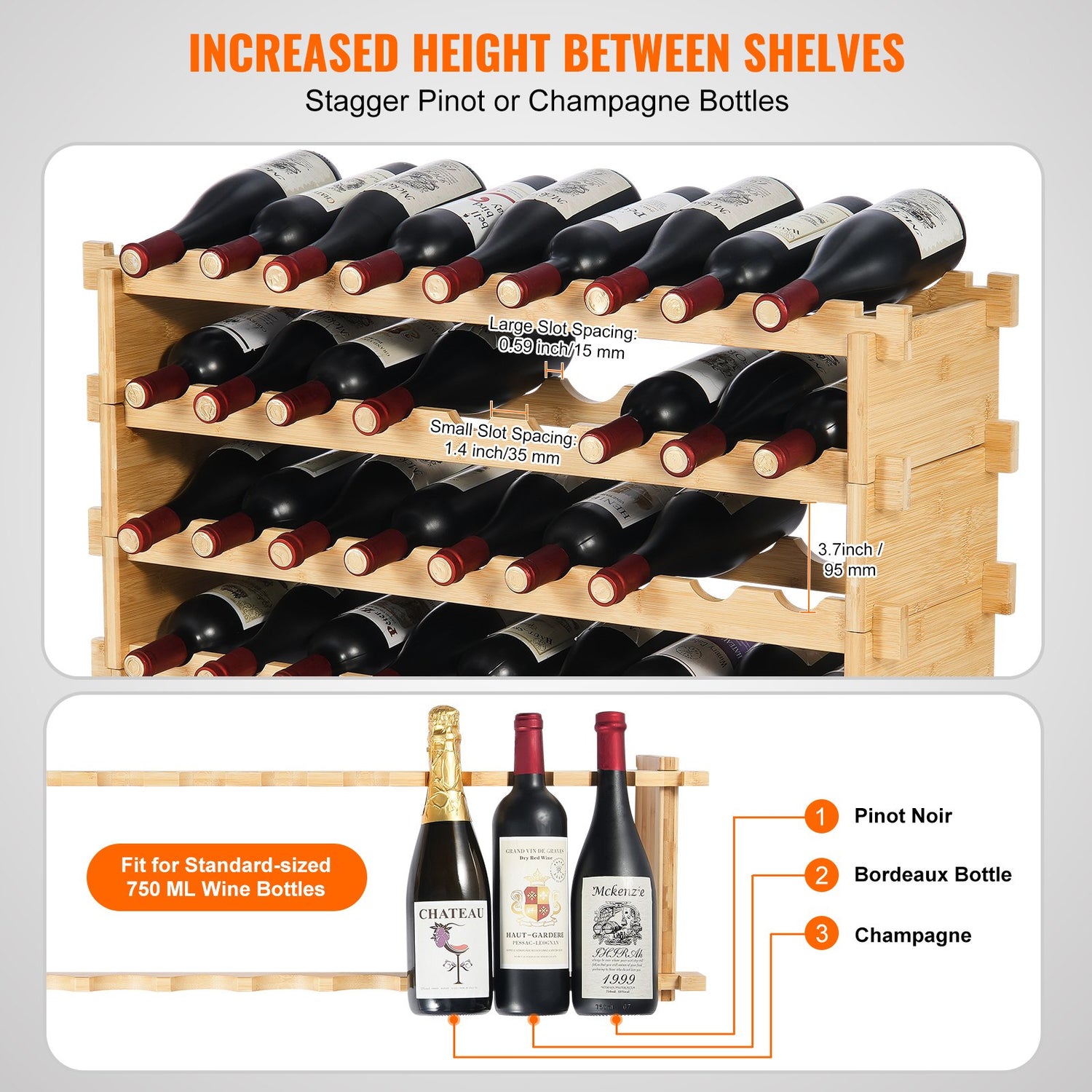 Étagère à vin empilable en bois de bambou - 4 niveaux, design modulair