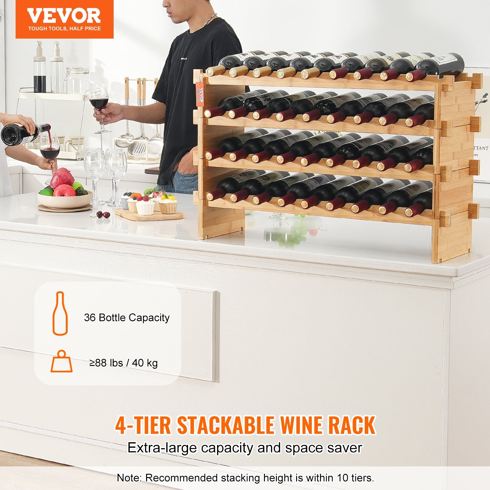 Étagère à vin empilable en bois de bambou - 4 niveaux, design modulair