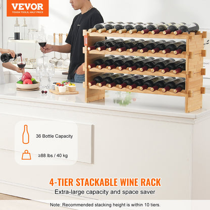 Étagère à vin empilable en bois de bambou - 4 niveaux, design modulair