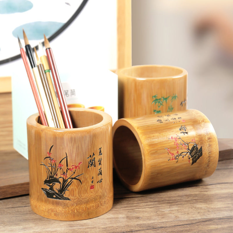 Conteneur rond en bambou pour stylos - Écologique et créatif